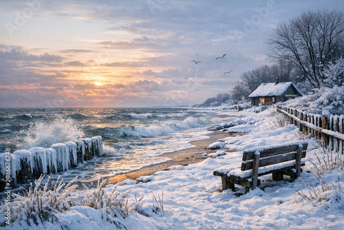 A serene winter sunrise over a snowy beach with small waves and birds in flight.