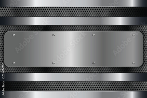Metal background with perforated texture and brushed steel plate for industrial design