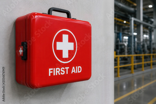 A red first aid kit hangs on a wall in an industrial building. It is clearly marked with a white cross. The area is well-lit and features machinery in the background.