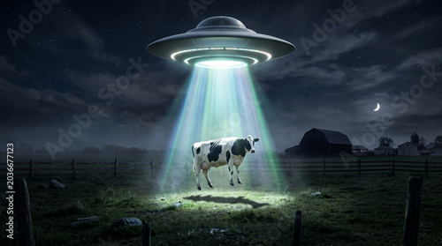 Alien spaceship abducting cow in a dark rural landscape at night  