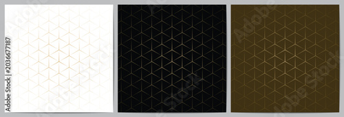 Geometric honeycomb pattern set with gold lines on white black and brown backgrounds