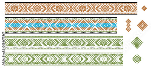 Canvastavla Vector set of traditional Lithuanian ornamental border bands with standalone diamond-shaped folk symbol logos