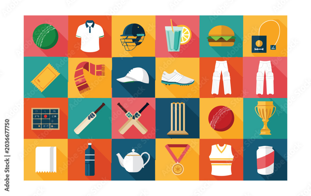 Fototapeta premium A vibrant collection of flat design cricket sport equipment and related items on colorful squares