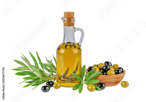 Obraz na plátne Extra virgin olive oil bottle with olives and herbs isolated on transparent back