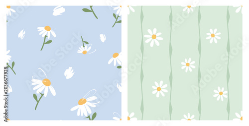 Daisy flower seamless pattern set pastel blue and sage green floral background design.