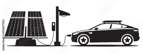 Slika na platnu Solar powered charging station vector set, electric car silhouette with renewabl