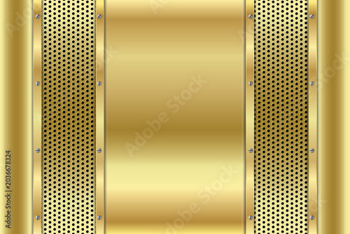 Golden metal background with perforated panels and polished surface luxury design element