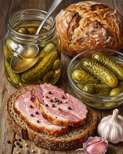Close up pickle jars with ham sandwich slice and garlic