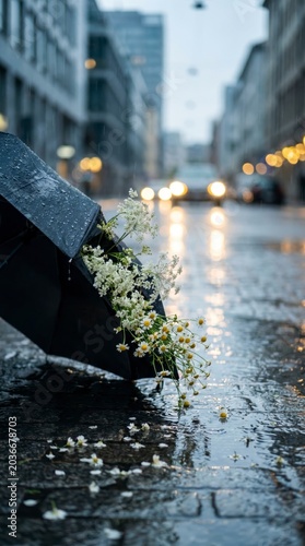 A black umbrella filled with white wildflowers lies on a wet city street, illuminated by blurred car headlights and urban buildings in the rainy evening.