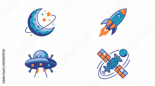 Bilde på lerret Cartoon vector set of space and transport icons featuring rockets, airplanes, UF