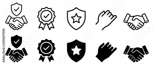 Obraz na plátně Set of handshake, shield, and badge icons in outline and solid styles representi