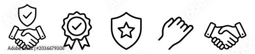 Foto Set of black line icons representing handshake agreements, security badges, and