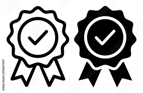 Black and white award ribbons with check marks representing certification and quality approval icons on transparent background