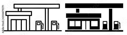 Fotografie Black and white gas station icons set with fuel pumps and convenience store buil