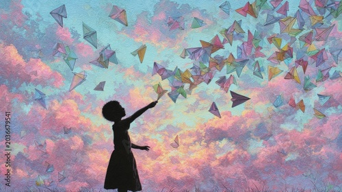 Child reaches skyward, releasing colorful paper kites. Pink and purple clouds swirl behind them, soft and dreamy. Joyful gesture suggests freedom, hope, or childhood wonder