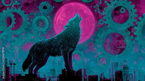 Silhouetted wolf howls beneath a glowing, neon moon. Cogs and gears swirl in vivid, cyberpunk hues. Urban skyline fades into digital twilight. Vibrant pink and teal dominate the scene