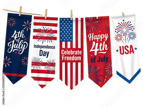 Colorful Independence Day Banners Celebrating USA Patriotism and Freedom Hanging Vertically