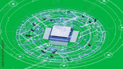 Pale square transforming into microchip, powering ring circuits orbiting showing data, transparent