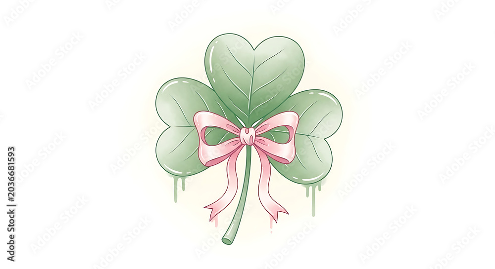 Fototapeta premium Four-leaf clover with pink ribbon isolated on a transparent background, clover green leaves, decorative clover