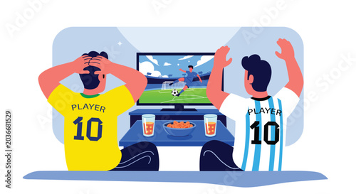 Two men watching a soccer game on television with snacks
