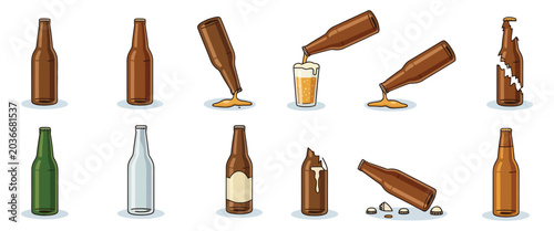 Принти на полотні Isometric Beer Bottles and Beverage Containers Vector Set, Full and Empty Bottle