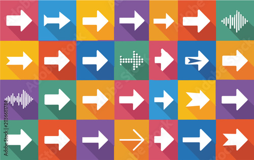 A vibrant grid display shows many white arrows and sound wave icons on colorful squares