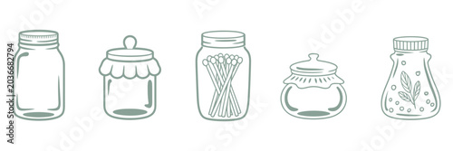 Kitchen Storage and Jars Hand Drawn Icon Set Vector Illustration, Glass Containers, Honey Pot and Pantry Storage Elements for Cooking and Kitchen Design Projects