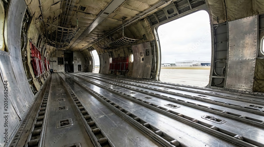 Obraz premium Empty Interior of a Large Military Cargo Airplane with Open Door.