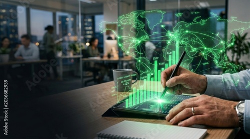 Business person using tablet with green digital global map and financial charts overlay