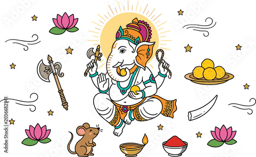 Εκτύπωση καμβά Lord Ganesha festival illustration with lotus diya sweets mouse and traditional