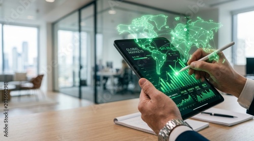 Business person using tablet with green digital global map and financial charts overlay