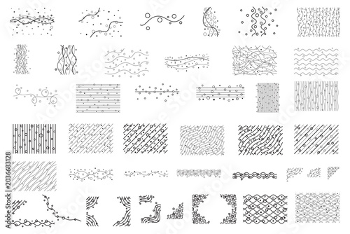 Abstract decorative bubbles with wavy lines set. Vector illustration.