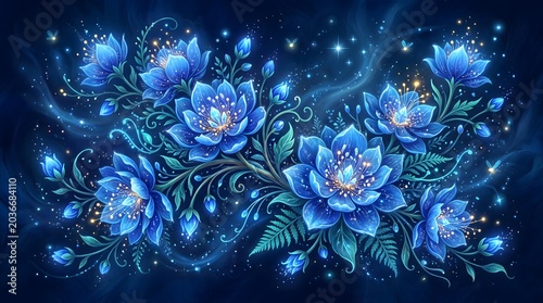 Glowing blue flowers bloom in digital artwork with mystical ambiance
