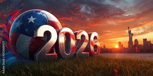 2026 soccer ball design featuring American flag colors and Statue of Liberty silhouette against a vibrant sunset skyline in New York City