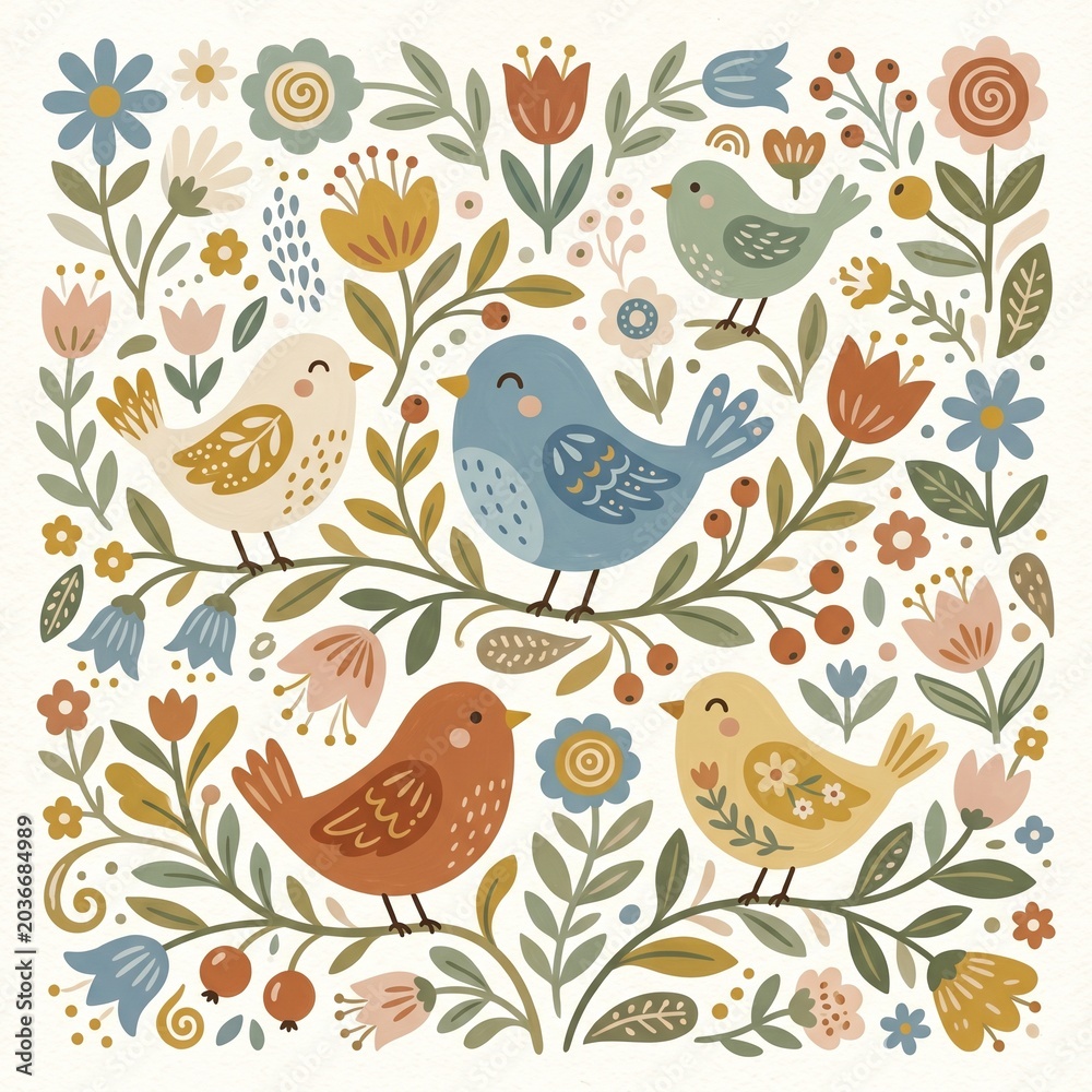 Obraz premium adorable birds surrounded by stylized folk flowers and leaves, soft muted palette, minimal decorative folk art style for children