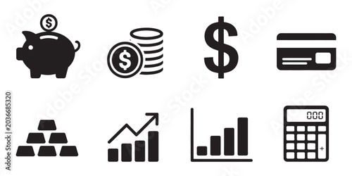 Finance banking economy icon set vector, business investment money currency bank savings and fund glyph style isolated illustration design