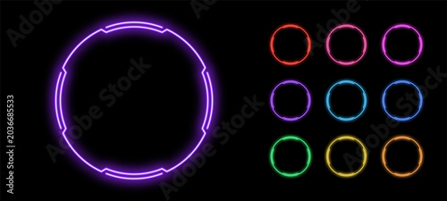 Outline neon circle frame, vector set. Neon circle HUD frame, glow UI ring border with space for text. Round led border silhouette. Game design element and HUD shape with glow light effect.