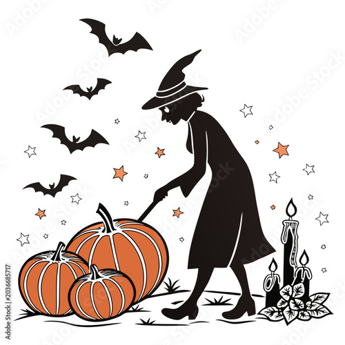 Canvastavla Silhouette illustration of a witch tending to halloween pumpkins and candles