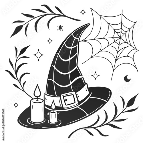 Valokuva Witch hat with candles spider web decorative branches halloween theme, wizardry