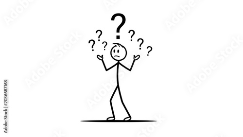 Cuadro en lienzo A stick figure stands with its arms outstretched and a confused expression, surrounded by multiple question marks, symbolizing uncertainty and indecision