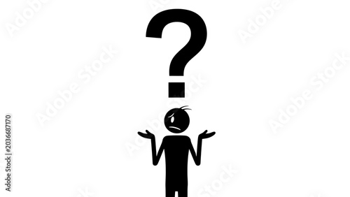 Fotografía A black silhouette of a person shrugging with a large question mark above their head against a white background, symbolizing confusion or uncertainty