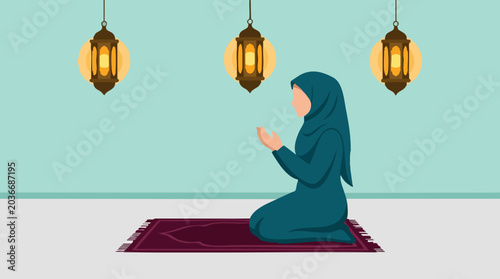 Canvas Print Muslim woman praying on mat with Islamic lanterns, spiritual devotion