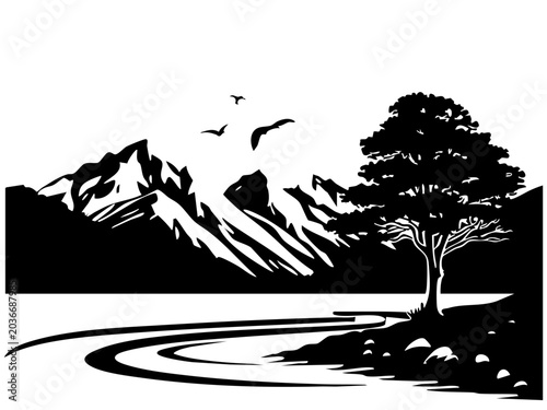 Vector illustration of an old tree in a natural landscape with branches, leaves, grass, and birds silhouette art