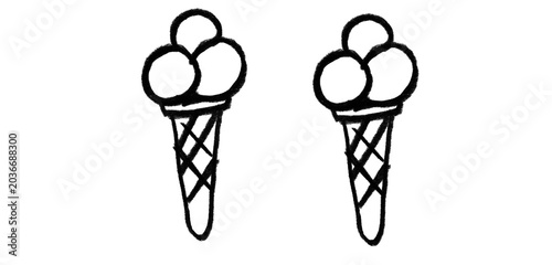  Hand-drawn ice cream cone doodle set — two sketchy triple-scoop cones on white