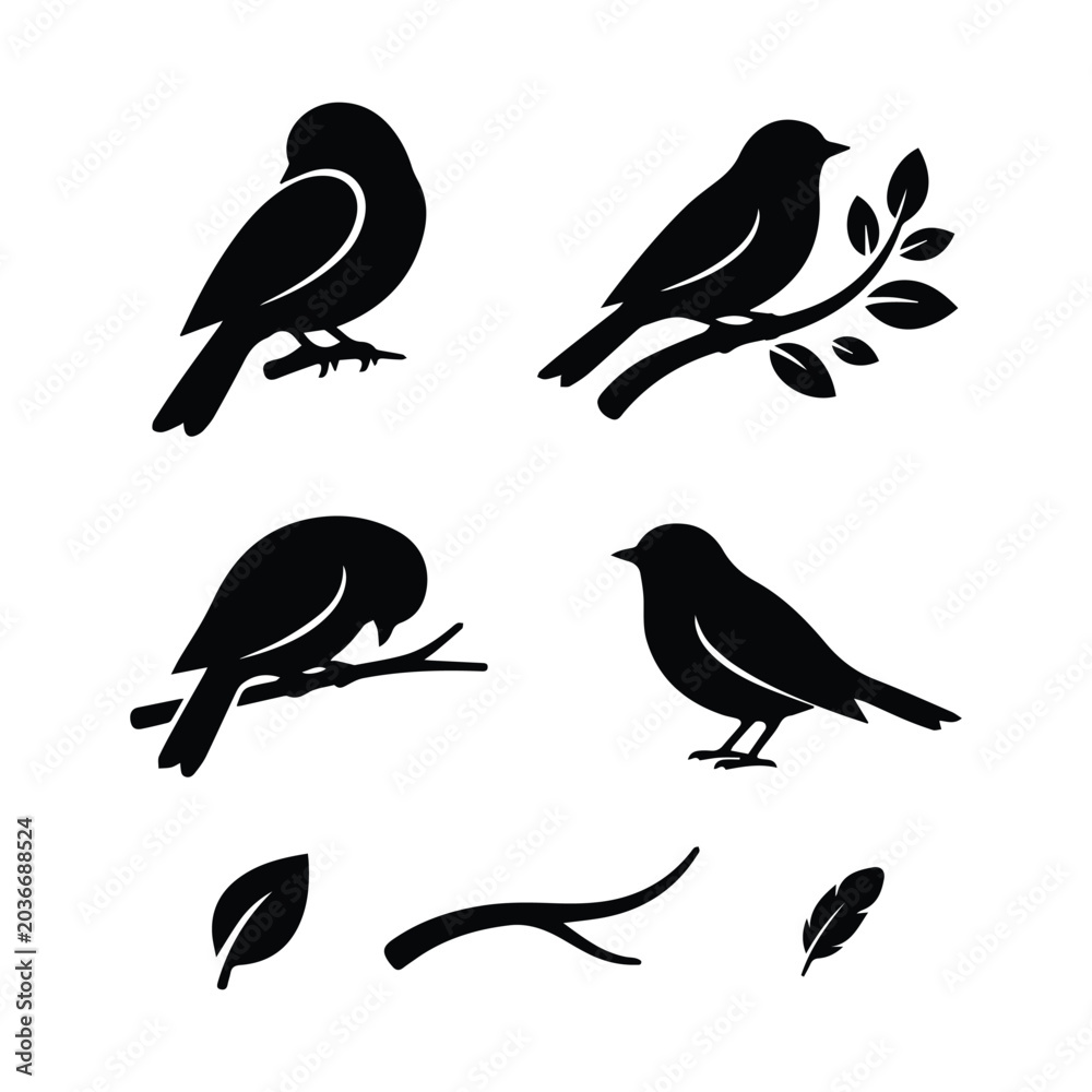 Fototapeta premium Elegant bird silhouette set with foliage and branches