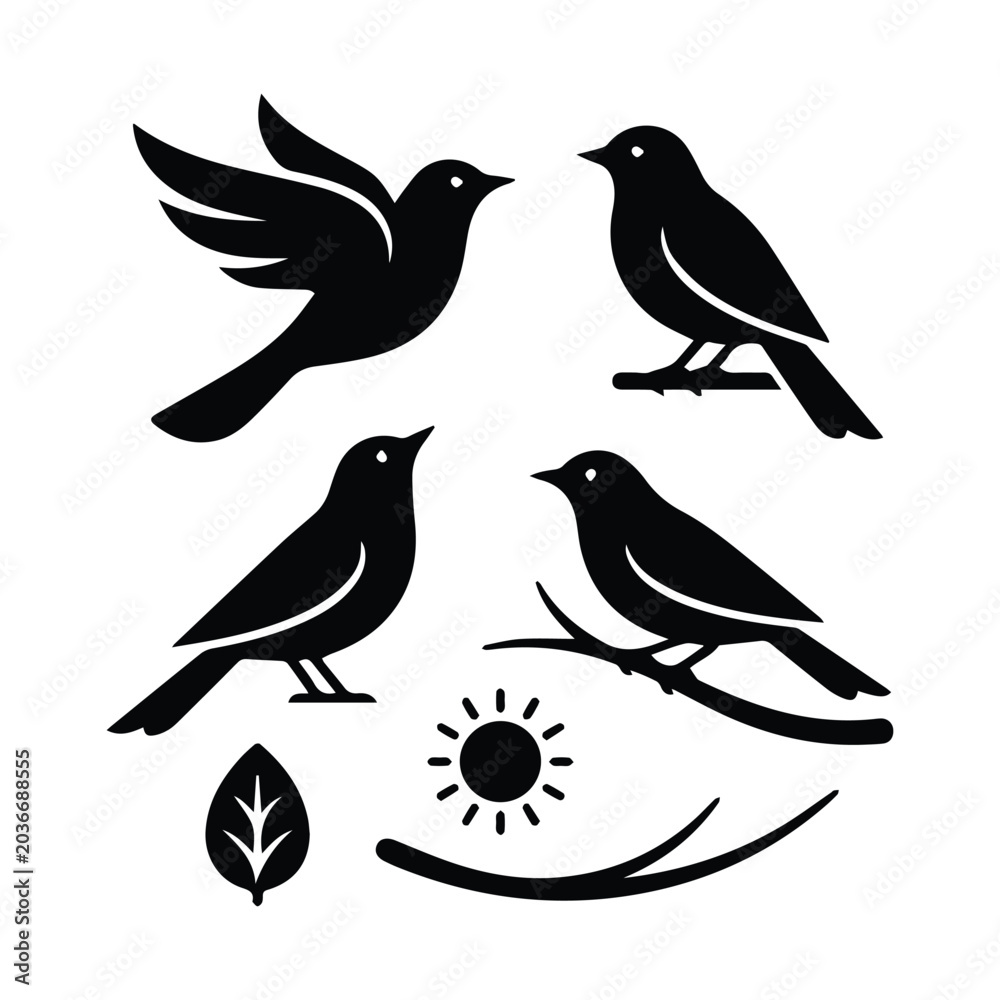 Fototapeta premium Four bird silhouettes with nature elements design