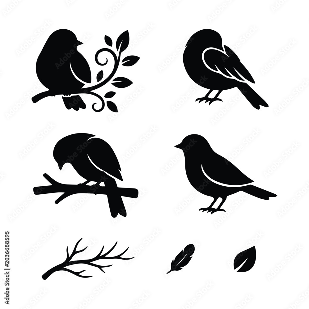 Fototapeta premium Minimalist avian silhouettes with botanical branch art