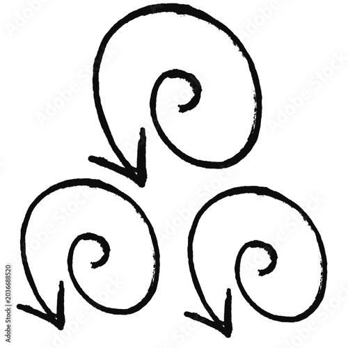 Doodle of Three Spiral Arrows Pointing Downward, Hand Drawn Direction Icons