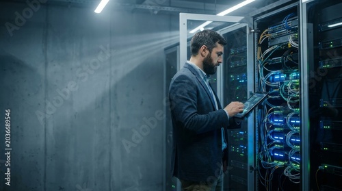IT engineer using tablet for checking server rack in modern large data center room