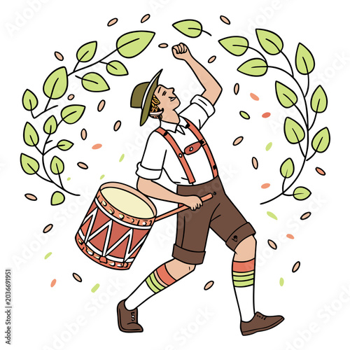 Foto Happy man wearing lederhosen playing drum at oktoberfest festival with festival
